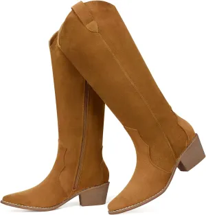 SHIBEVER Cowboy Boots for Women Knee High Suede Pointed Toe Cowgirl Boots Embroidered Pull-On Chunky Heel Western Boots