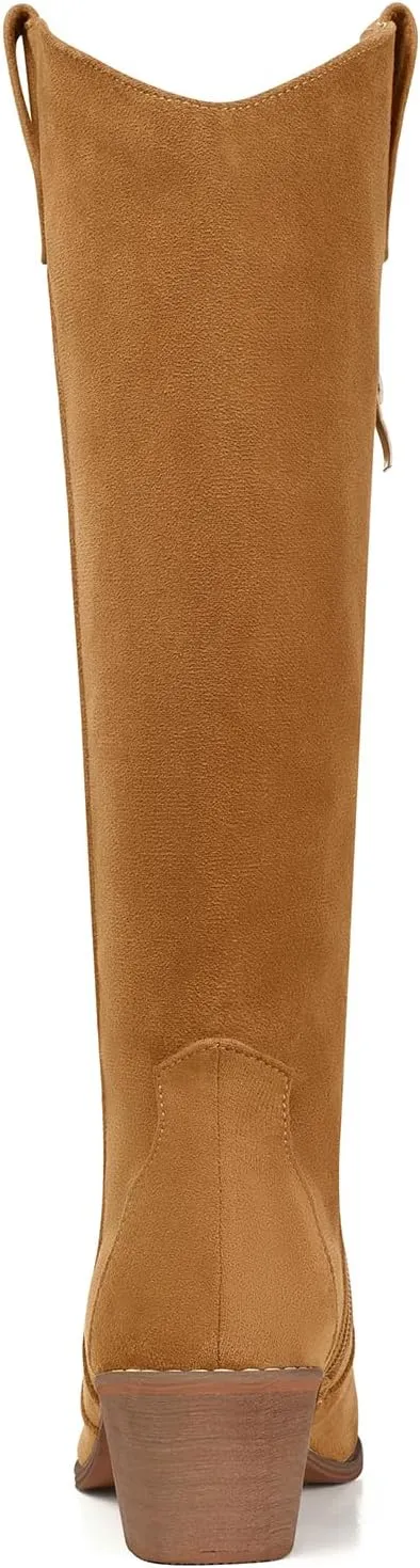 SHIBEVER Cowboy Boots for Women Knee High Suede Pointed Toe Cowgirl Boots Embroidered Pull-On Chunky Heel Western Boots