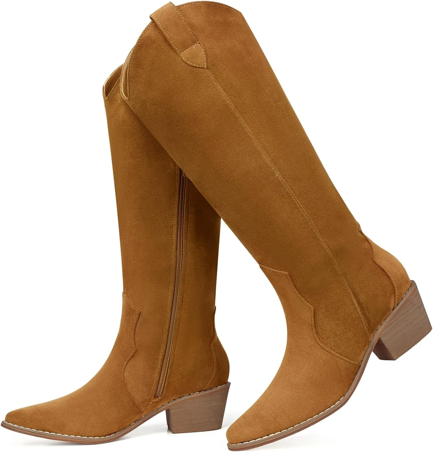 SHIBEVER Cowboy Boots for Women Knee High Suede Pointed Toe Cowgirl Boots Embroidered Pull-On Chunky Heel Western Boots