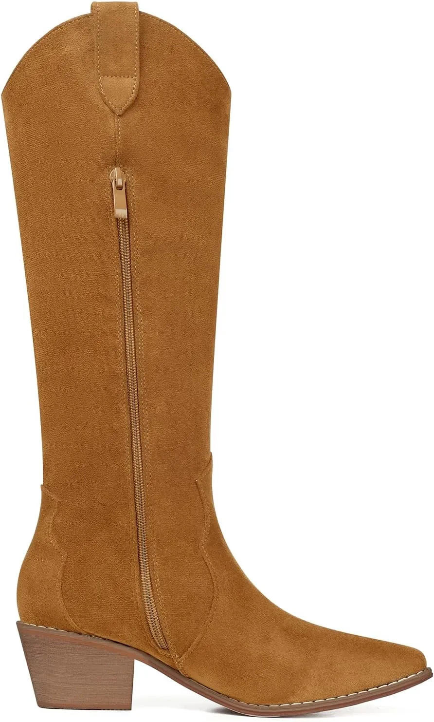 SHIBEVER Cowboy Boots for Women Knee High Suede Pointed Toe Cowgirl Boots Embroidered Pull-On Chunky Heel Western Boots