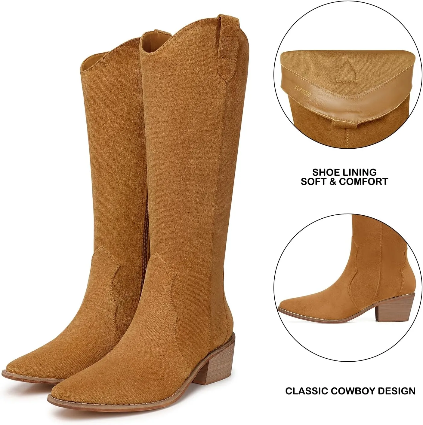 SHIBEVER Cowboy Boots for Women Knee High Suede Pointed Toe Cowgirl Boots Embroidered Pull-On Chunky Heel Western Boots