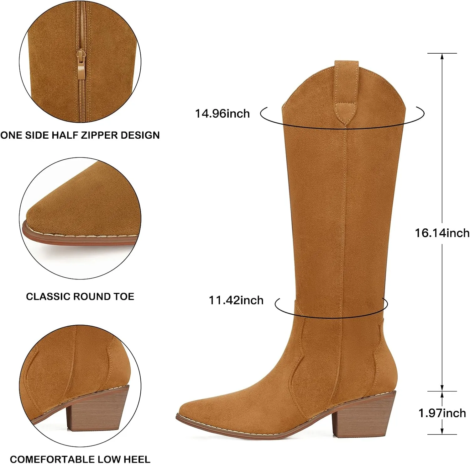SHIBEVER Cowboy Boots for Women Knee High Suede Pointed Toe Cowgirl Boots Embroidered Pull-On Chunky Heel Western Boots