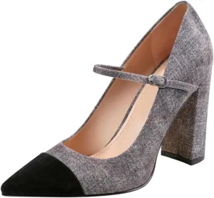 SHODENSE Women Chunky High Heel Mary Jane Pumps Shoes Ankle Strap Closed Pointed Toe Dress Sandals Two-Toned Cap Toe Patent Leather Mary Jane Heels Buckle Patchwork Office Work Party Dance 4-11 M US