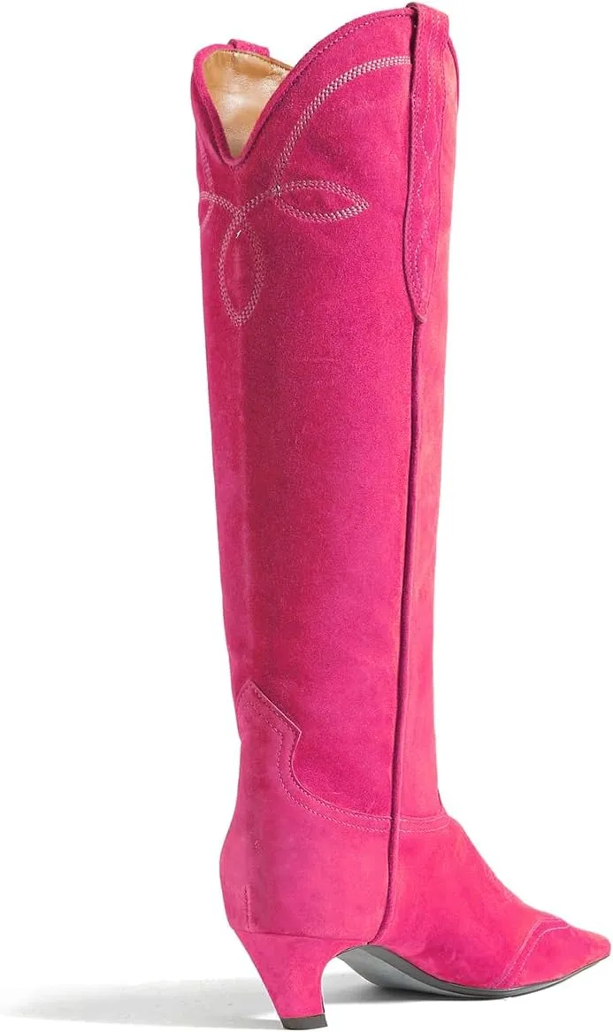 SHODENSE Women Embroidered Cowboy Boots Square Toe Knee High Kitten Heel Boots Suede Wide Calf Western Boots Pull On V Cut 2" Heels Cowgirl Boot Vintage Tall Dress Boots Fall Winter 4-11 M US