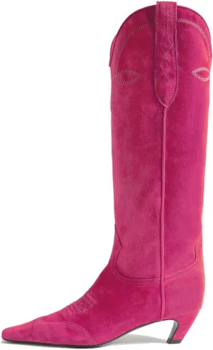 SHODENSE Women Embroidered Cowboy Boots Square Toe Knee High Kitten Heel Boots Suede Wide Calf Western Boots Pull On V Cut 2" Heels Cowgirl Boot Vintage Tall Dress Boots Fall Winter 4-11 M US