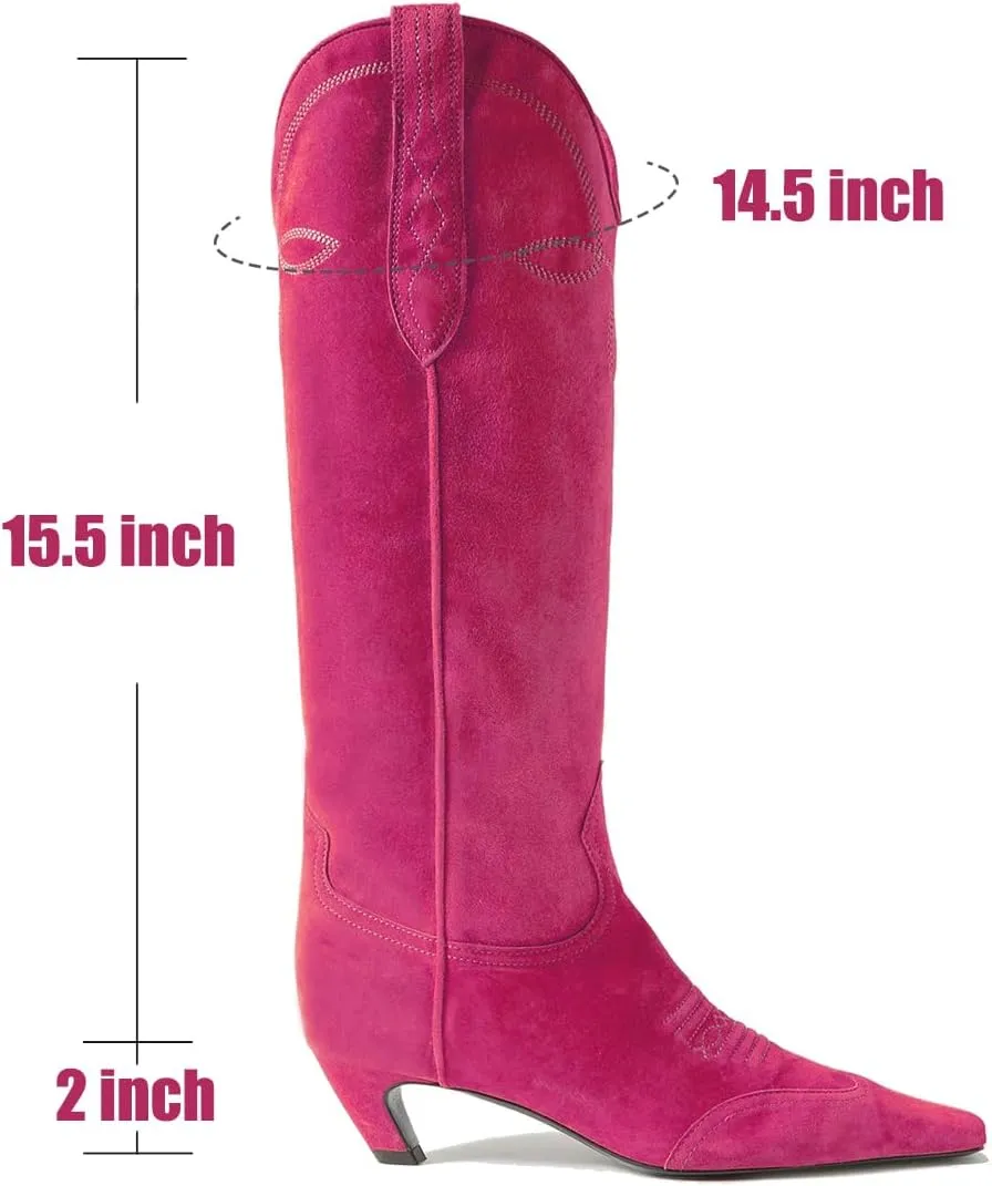 SHODENSE Women Embroidered Cowboy Boots Square Toe Knee High Kitten Heel Boots Suede Wide Calf Western Boots Pull On V Cut 2" Heels Cowgirl Boot Vintage Tall Dress Boots Fall Winter 4-11 M US
