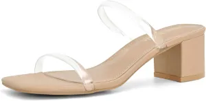 Shoe'N Tale Strappy Heels for Women Square Open Toe Two Strap Low Block Heel Slip on Dressy Sandals Shoes