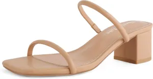 Shoe'N Tale Strappy Heels for Women Square Open Toe Two Strap Low Block Heel Slip on Dressy Sandals Shoes