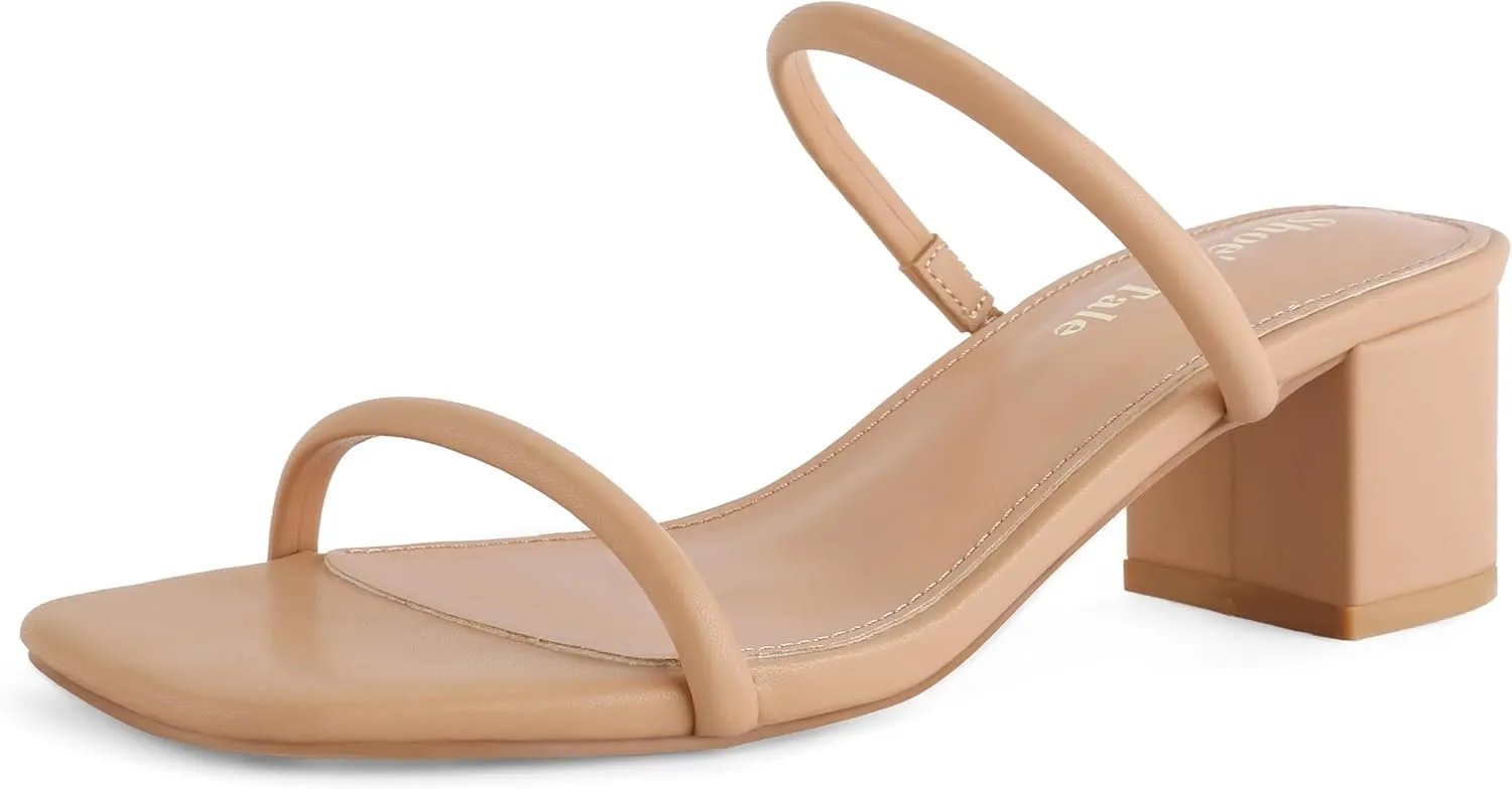 Shoe'N Tale Strappy Heels for Women Square Open Toe Two Strap Low Block Heel Slip on Dressy Sandals Shoes