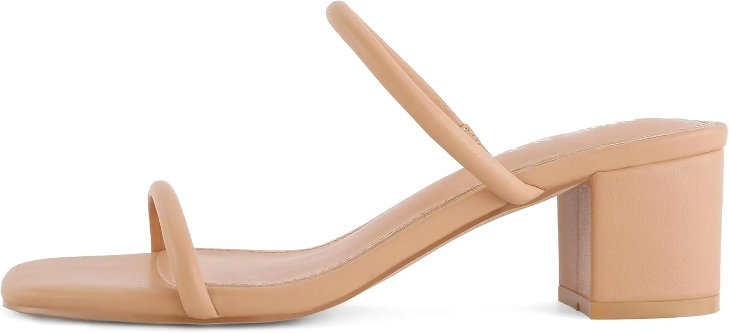 Shoe'N Tale Strappy Heels for Women Square Open Toe Two Strap Low Block Heel Slip on Dressy Sandals Shoes
