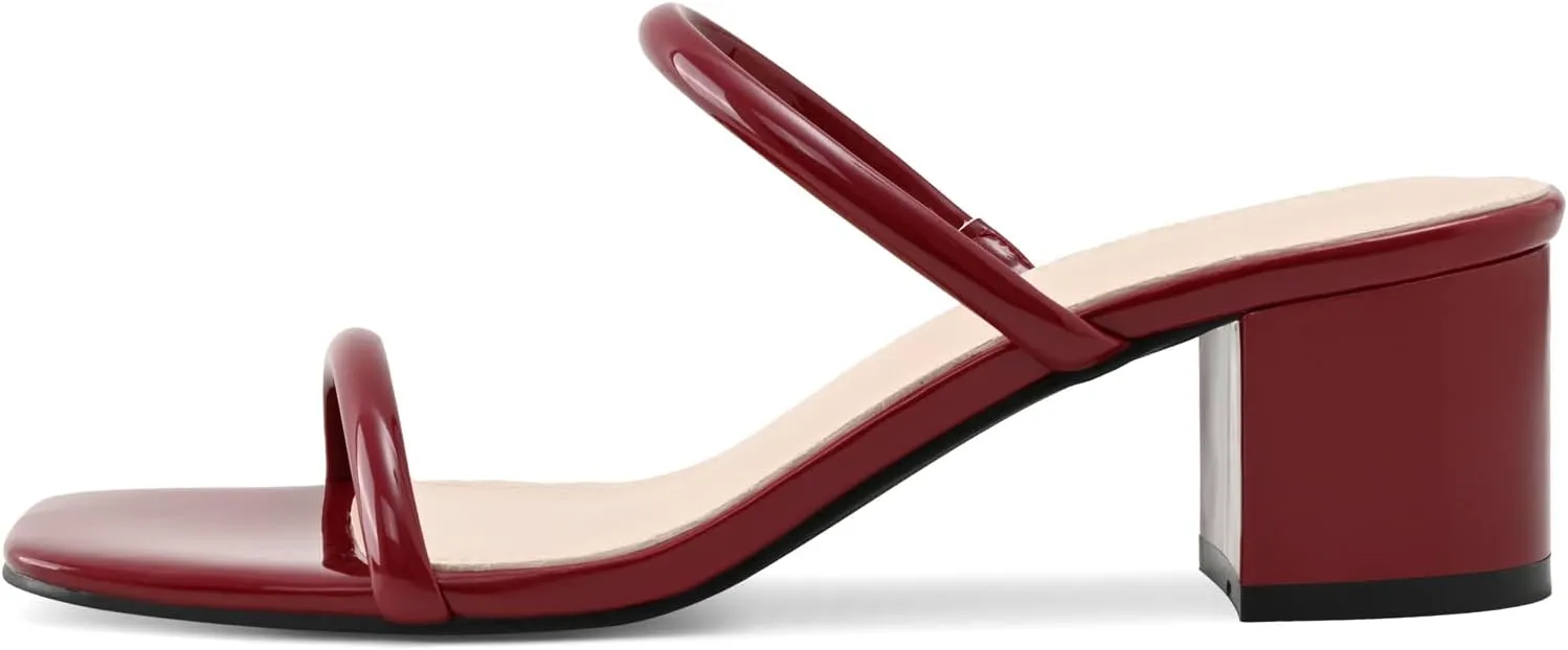 Shoe'N Tale Strappy Heels for Women Square Open Toe Two Strap Low Block Heel Slip on Dressy Sandals Shoes