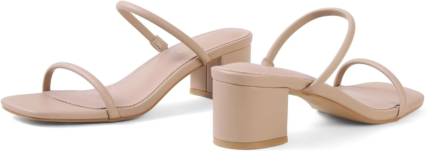 Shoe'N Tale Strappy Heels for Women Square Open Toe Two Strap Low Block Heel Slip on Dressy Sandals Shoes