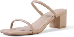 Shoe'N Tale Strappy Heels for Women Square Open Toe Two Strap Low Block Heel Slip on Dressy Sandals Shoes