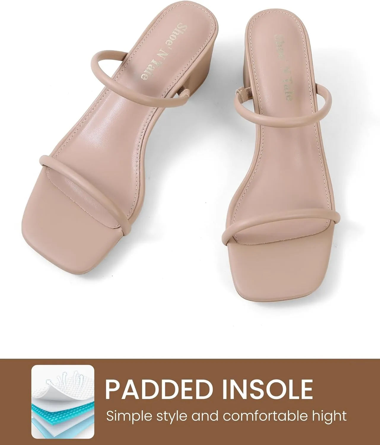 Shoe'N Tale Strappy Heels for Women Square Open Toe Two Strap Low Block Heel Slip on Dressy Sandals Shoes
