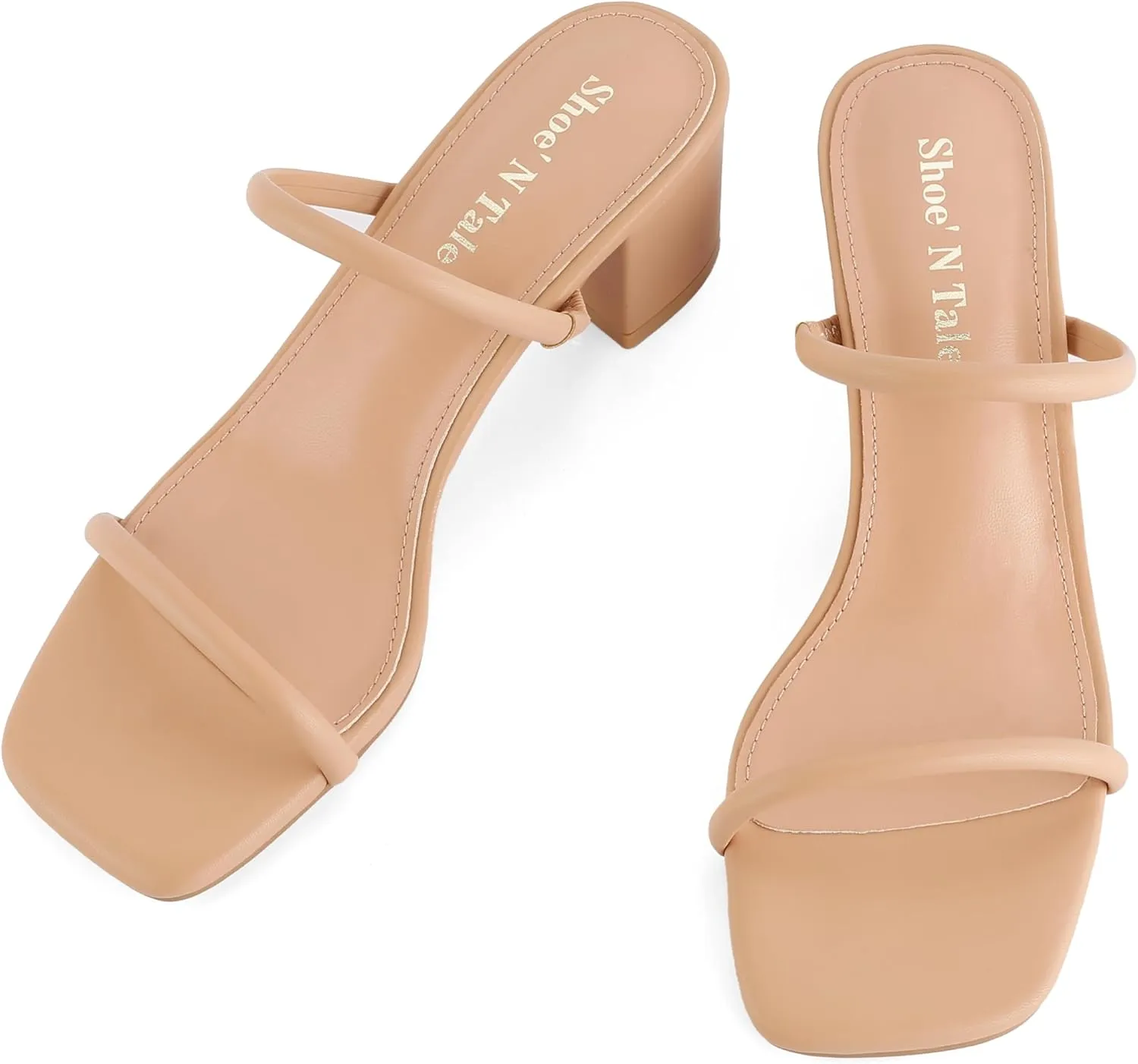Shoe'N Tale Strappy Heels for Women Square Open Toe Two Strap Low Block Heel Slip on Dressy Sandals Shoes