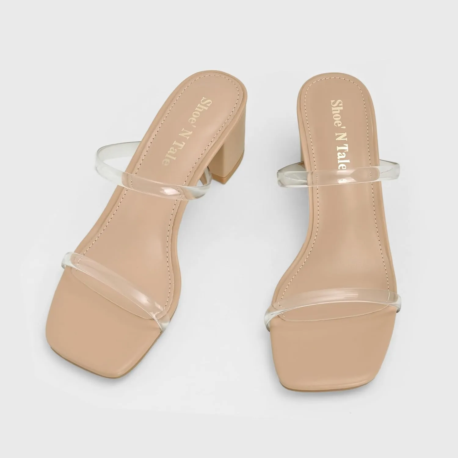 Shoe'N Tale Strappy Heels for Women Square Open Toe Two Strap Low Block Heel Slip on Dressy Sandals Shoes