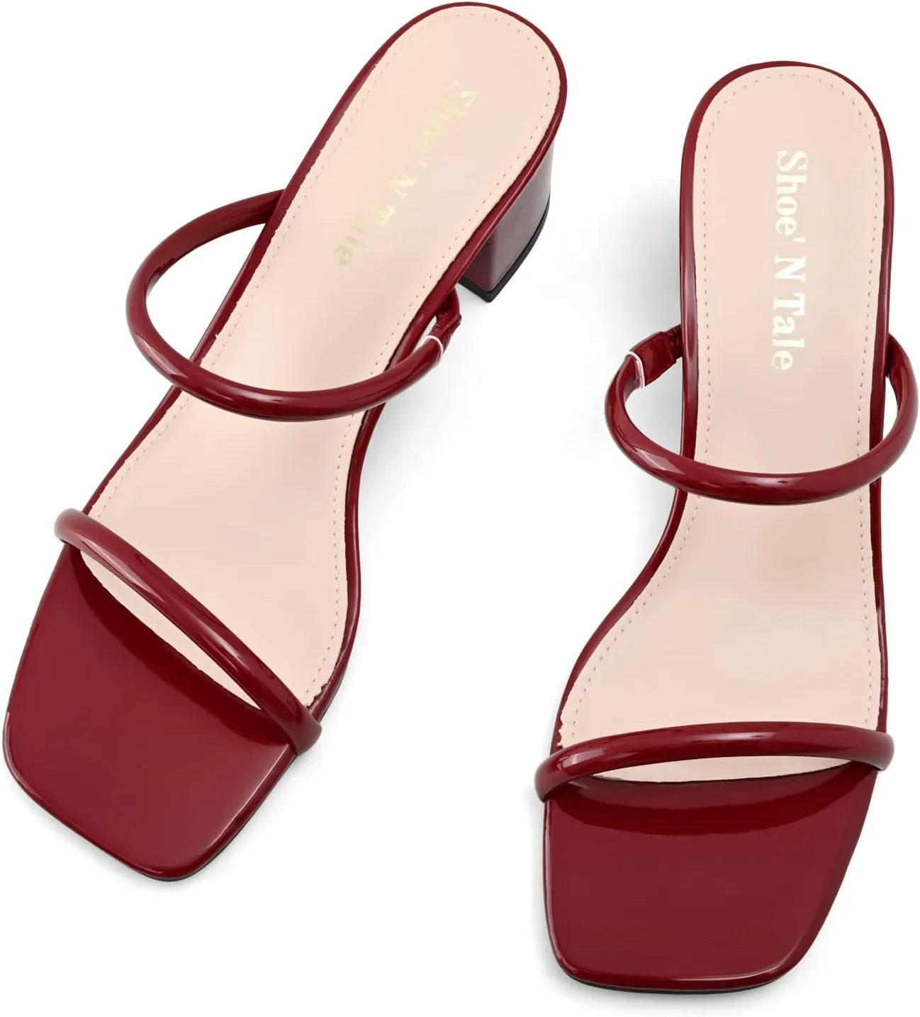 Shoe'N Tale Strappy Heels for Women Square Open Toe Two Strap Low Block Heel Slip on Dressy Sandals Shoes