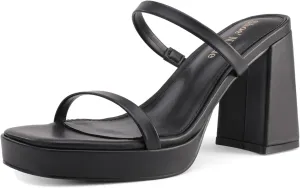 Shoe'N Tale Women's Strappy Pearl Heels Chunky Heels Block Platform Heeled Sandals Square Toe Slip On Comfortable Fashion Dress Shoes