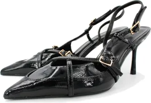 Slingback Heels for Women Closed Pointed Toe Kitten Dress Pumps with Buckle Straps Stiletto Work High Heels Denim Heeled Sandal