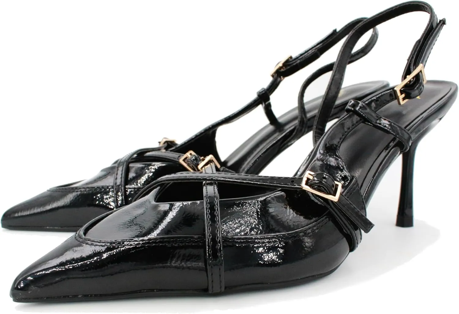 Slingback Heels for Women Closed Pointed Toe Kitten Dress Pumps with Buckle Straps Stiletto Work High Heels Denim Heeled Sandal