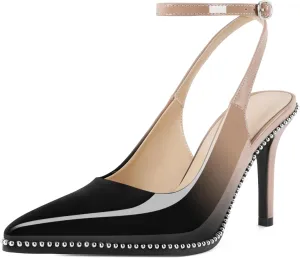 Soireelady Women Slingback High Heel Beaded Pumps Pointed Toe Stilettos Slip On Strappy Heels Ankle Strap Dress Pumps Shoes 3.5 Inches