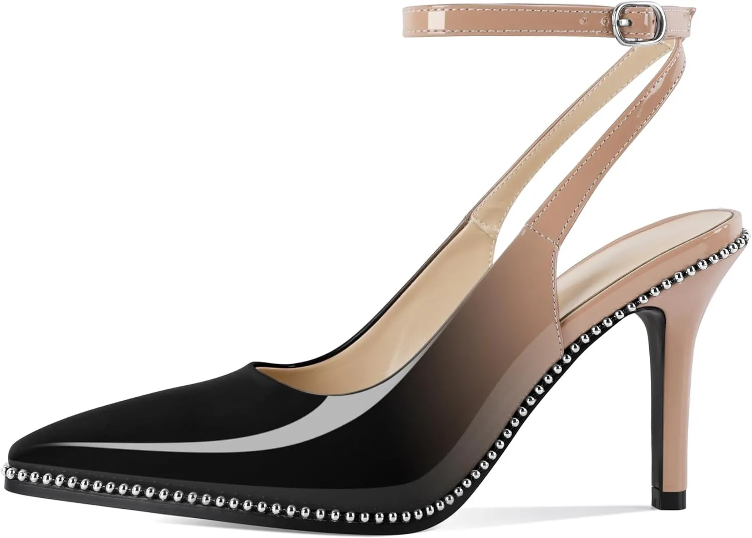 Soireelady Women Slingback High Heel Beaded Pumps Pointed Toe Stilettos Slip On Strappy Heels Ankle Strap Dress Pumps Shoes 3.5 Inches