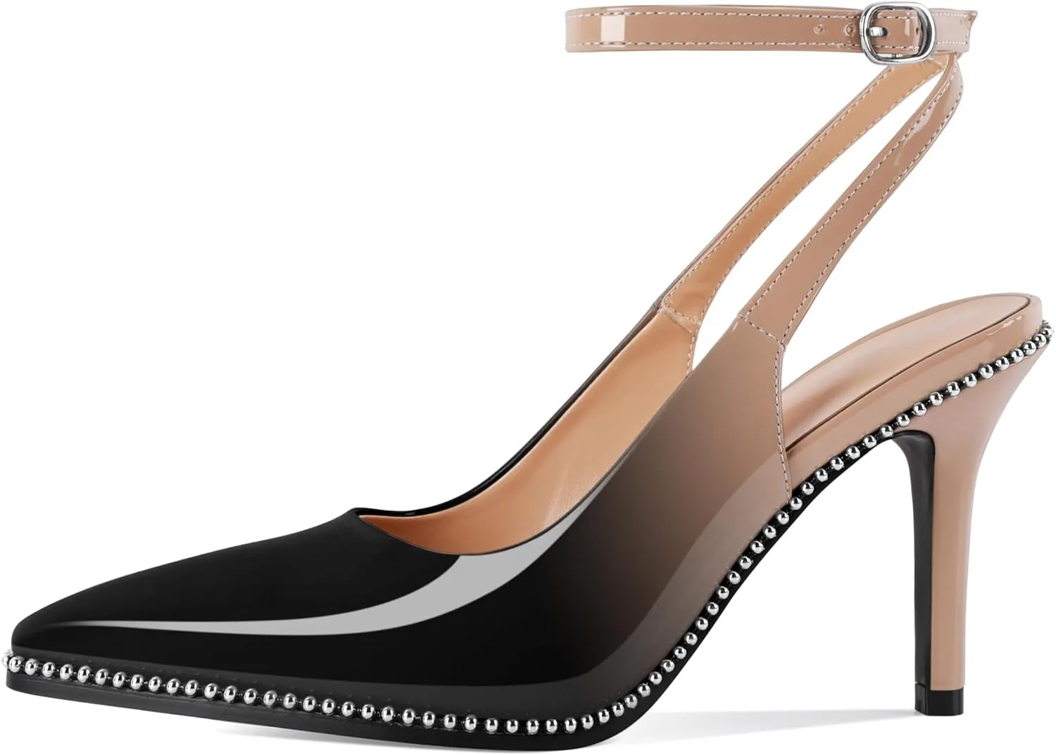 Soireelady Women Slingback High Heel Beaded Pumps Pointed Toe Stilettos Slip On Strappy Heels Ankle Strap Dress Pumps Shoes 3.5 Inches