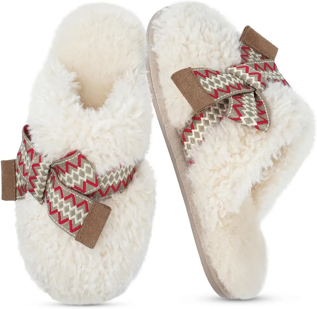 SOULROSE Womens Maxi Curly Sister Slides Fuzzy Slippers Women with Cute Bow Wool Memory Foam House Slippers Cozy Indoor Outdoor Cloud shoes Gifts