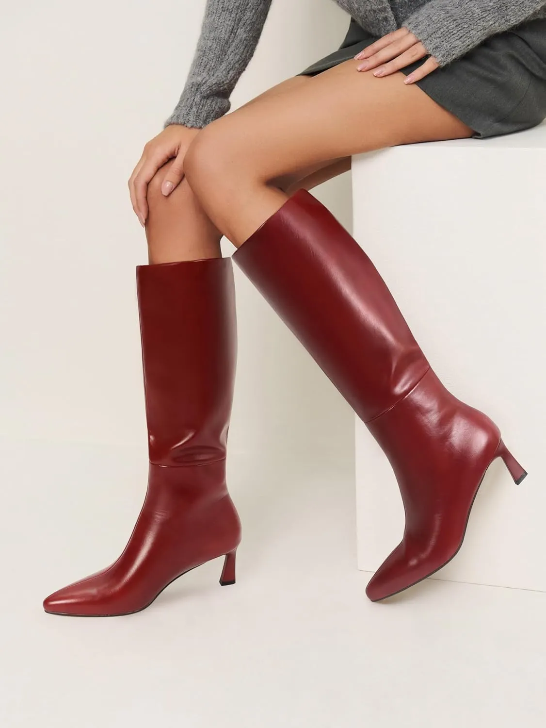 SOVANYOU Kitten Heel Knee High Boots for Women Pointed Toe Tall Boots Wide Calf Boots with Pull-on Style