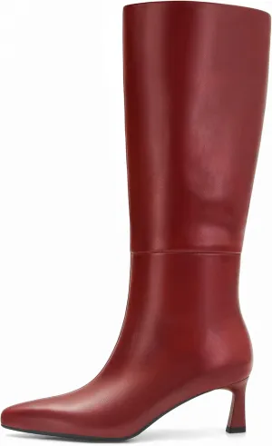 SOVANYOU Kitten Heel Knee High Boots for Women Pointed Toe Tall Boots Wide Calf Boots with Pull-on Style