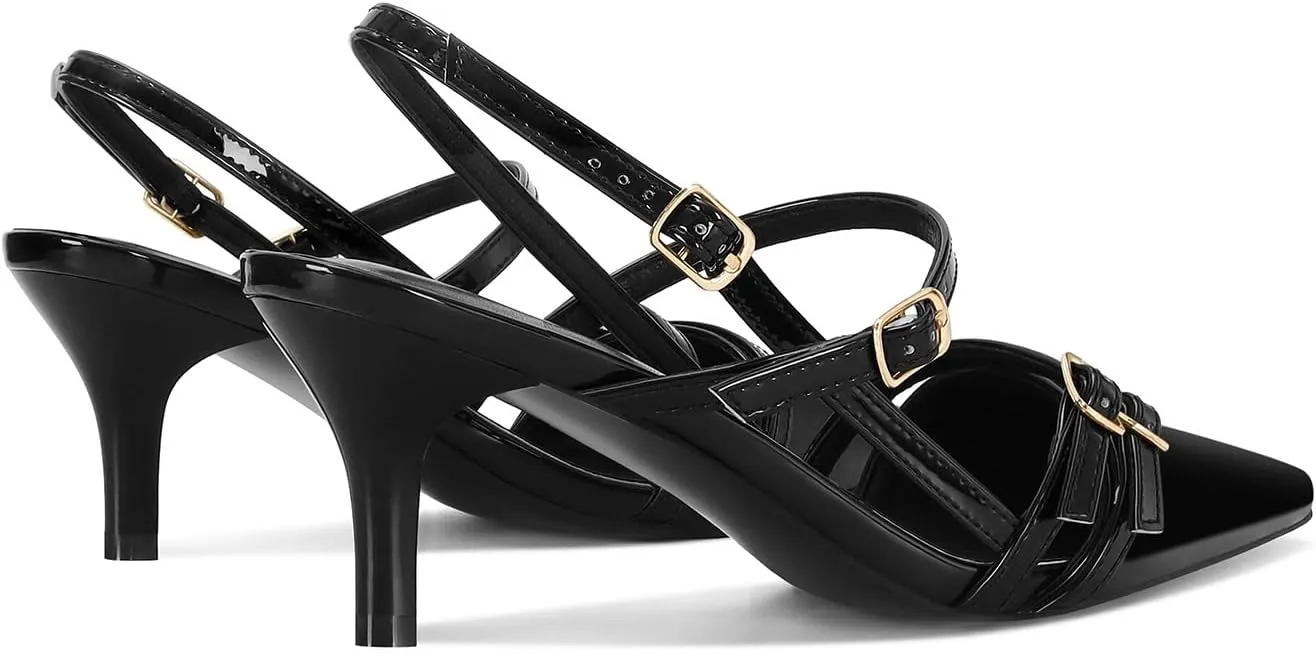 SOVANYOU Kitten Heels for Women Pointed Toe Stiletto Slingback Heels with Buckle Strap Pumps Dress Shoes