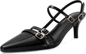 SOVANYOU Kitten Heels for Women Pointed Toe Stiletto Slingback Heels with Buckle Strap Pumps Dress Shoes