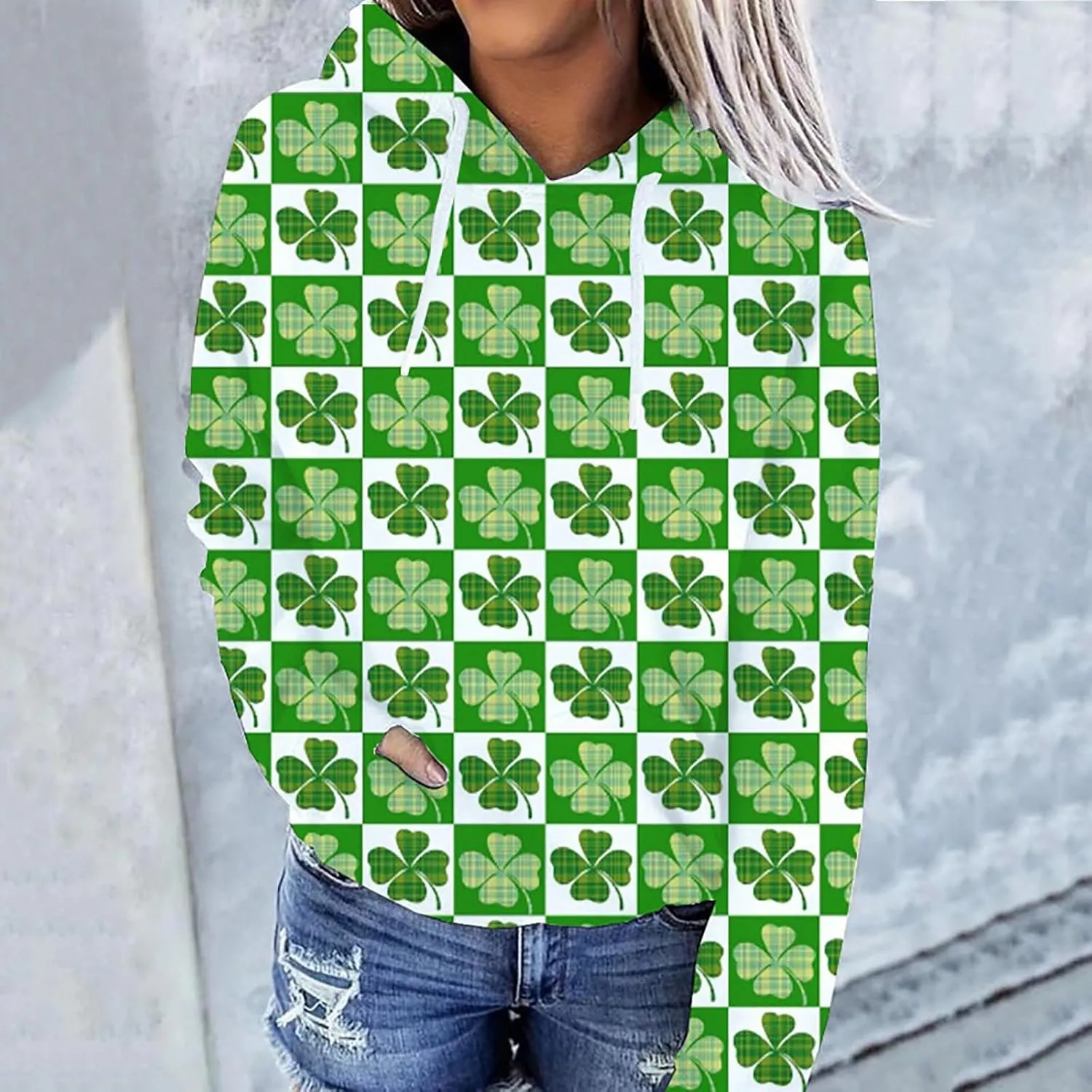 St. Patrick's Day Hoodies for Women Long Sleeve Casual Loose Pullover Tops Four Leaves Clover Shamrock 3D Printed Sweatshirts