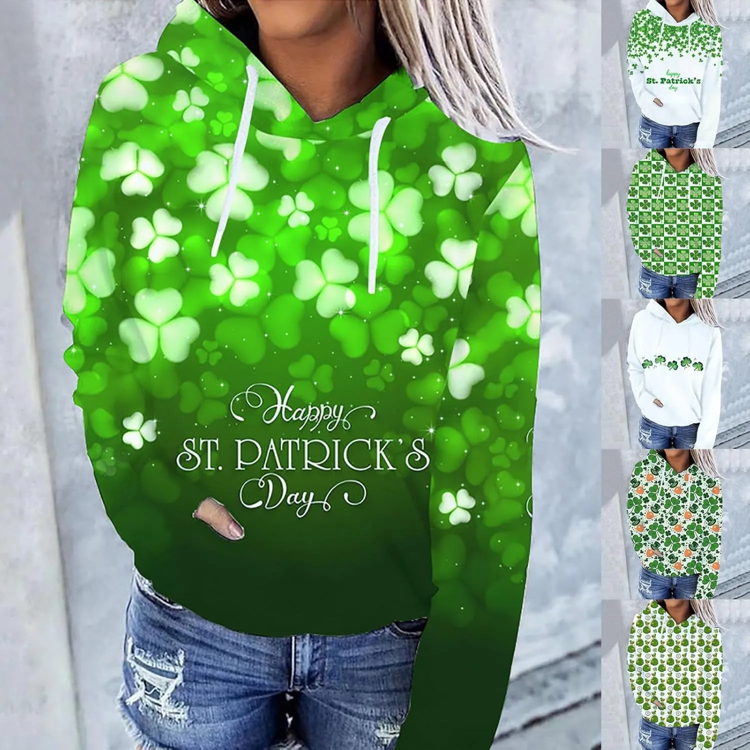 St. Patrick's Day Hoodies for Women Long Sleeve Casual Loose Pullover Tops Four Leaves Clover Shamrock 3D Printed Sweatshirts