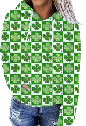 St. Patrick's Day Hoodies for Women Long Sleeve Casual Loose Pullover Tops Four Leaves Clover Shamrock 3D Printed Sweatshirts