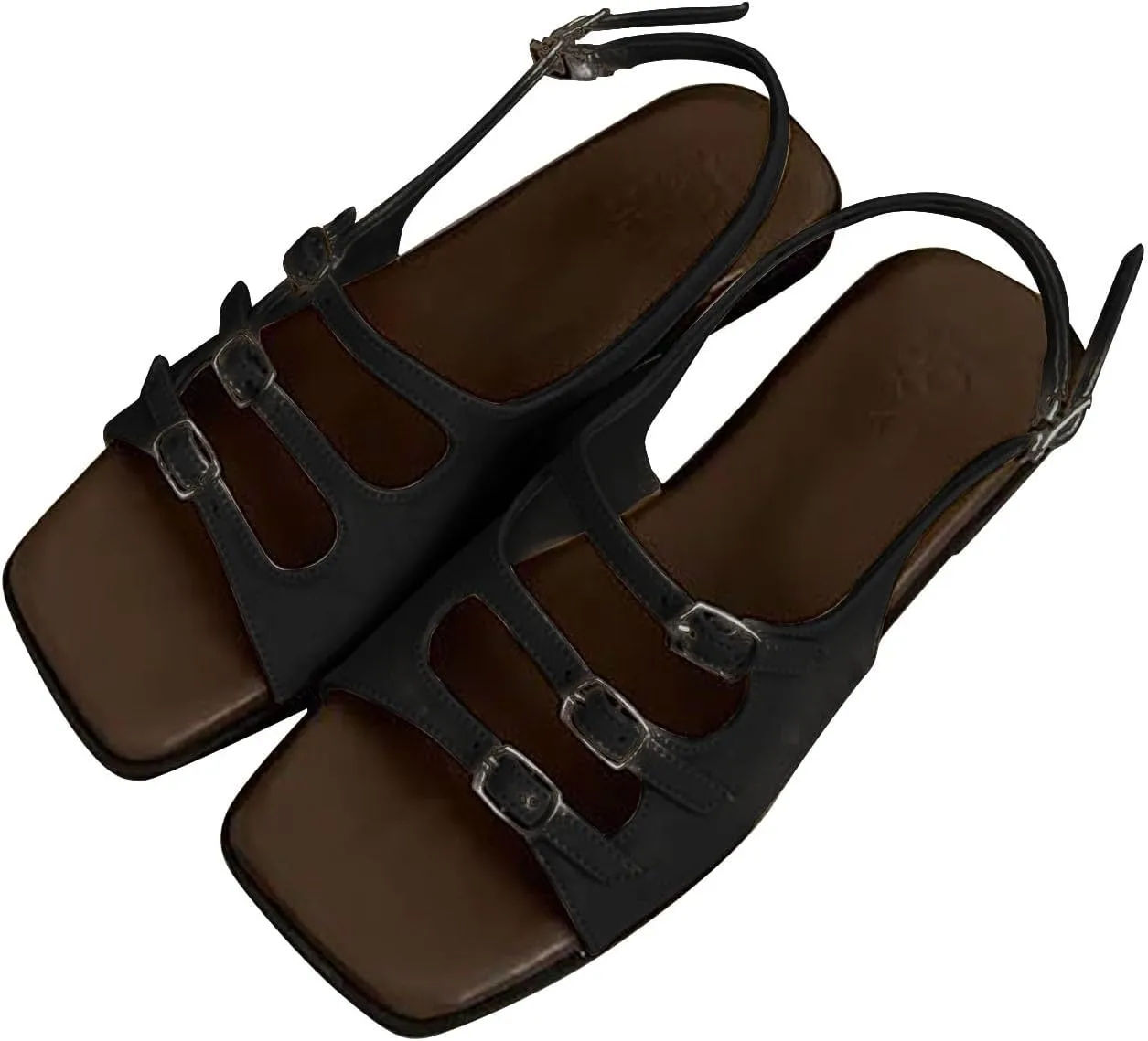 Strappy Flat Sandals for Women Retro Square Open Toe Soft PU Leather Shoes with Buckle Strap Casual Summer Beach Shoes
