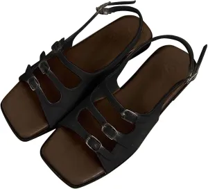 Strappy Flat Sandals for Women Retro Square Open Toe Soft PU Leather Shoes with Buckle Strap Casual Summer Beach Shoes