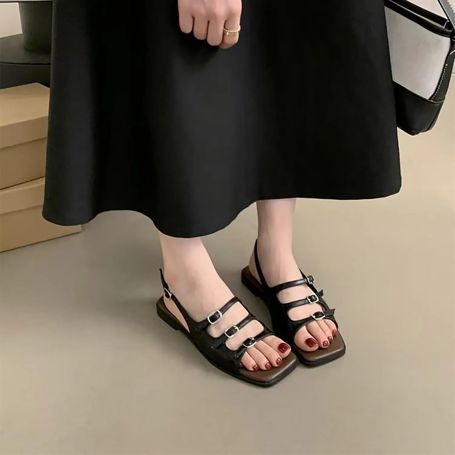 Strappy Flat Sandals for Women Retro Square Open Toe Soft PU Leather Shoes with Buckle Strap Casual Summer Beach Shoes