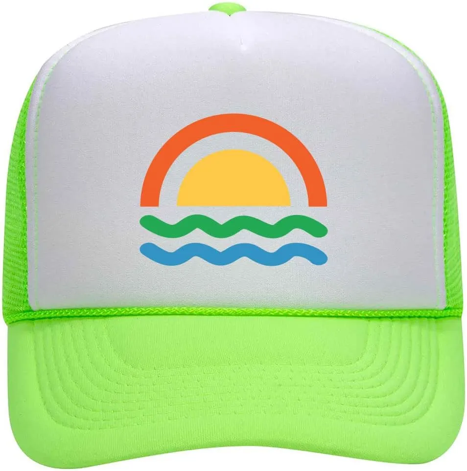 Sun Wave Retro Color Printed Neon 5 Panel High Crown Foam Mesh Back Trucker Hat - for Men and Women
