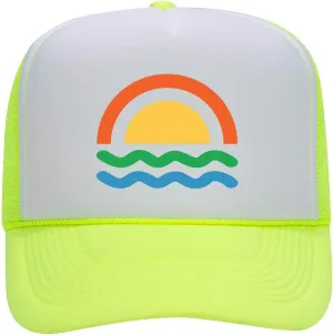 Sun Wave Retro Color Printed Neon 5 Panel High Crown Foam Mesh Back Trucker Hat - for Men and Women