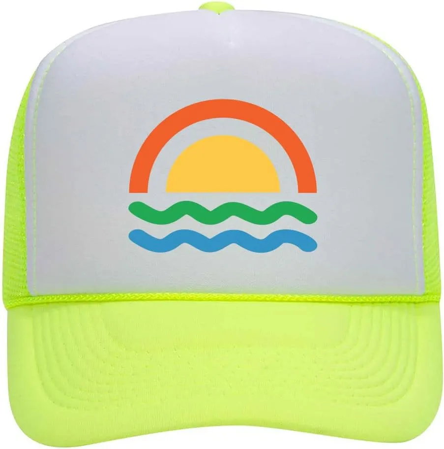 Sun Wave Retro Color Printed Neon 5 Panel High Crown Foam Mesh Back Trucker Hat - for Men and Women