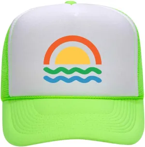 Sun Wave Retro Color Printed Neon 5 Panel High Crown Foam Mesh Back Trucker Hat - for Men and Women