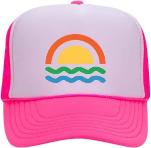 Sun Wave Retro Color Printed Neon 5 Panel High Crown Foam Mesh Back Trucker Hat - for Men and Women