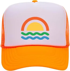 Sun Wave Retro Color Printed Neon 5 Panel High Crown Foam Mesh Back Trucker Hat - for Men and Women