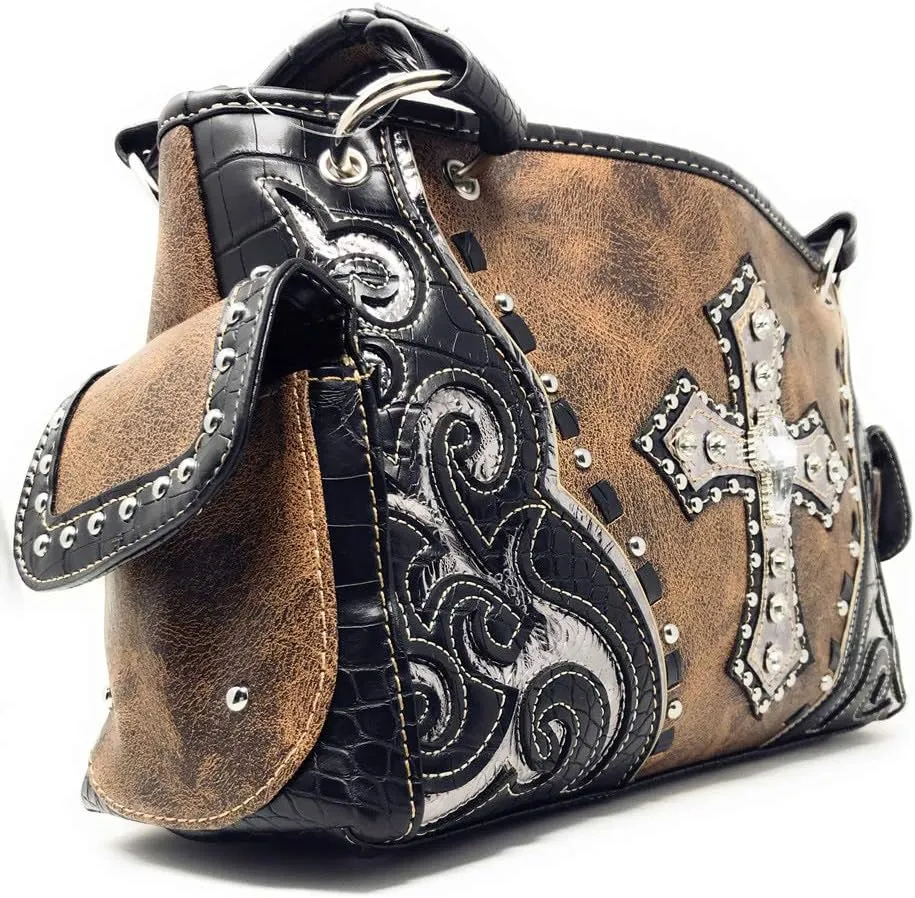 Texas West Rhinestone Cross Embroidered Western Handbag Purse in 4 colors