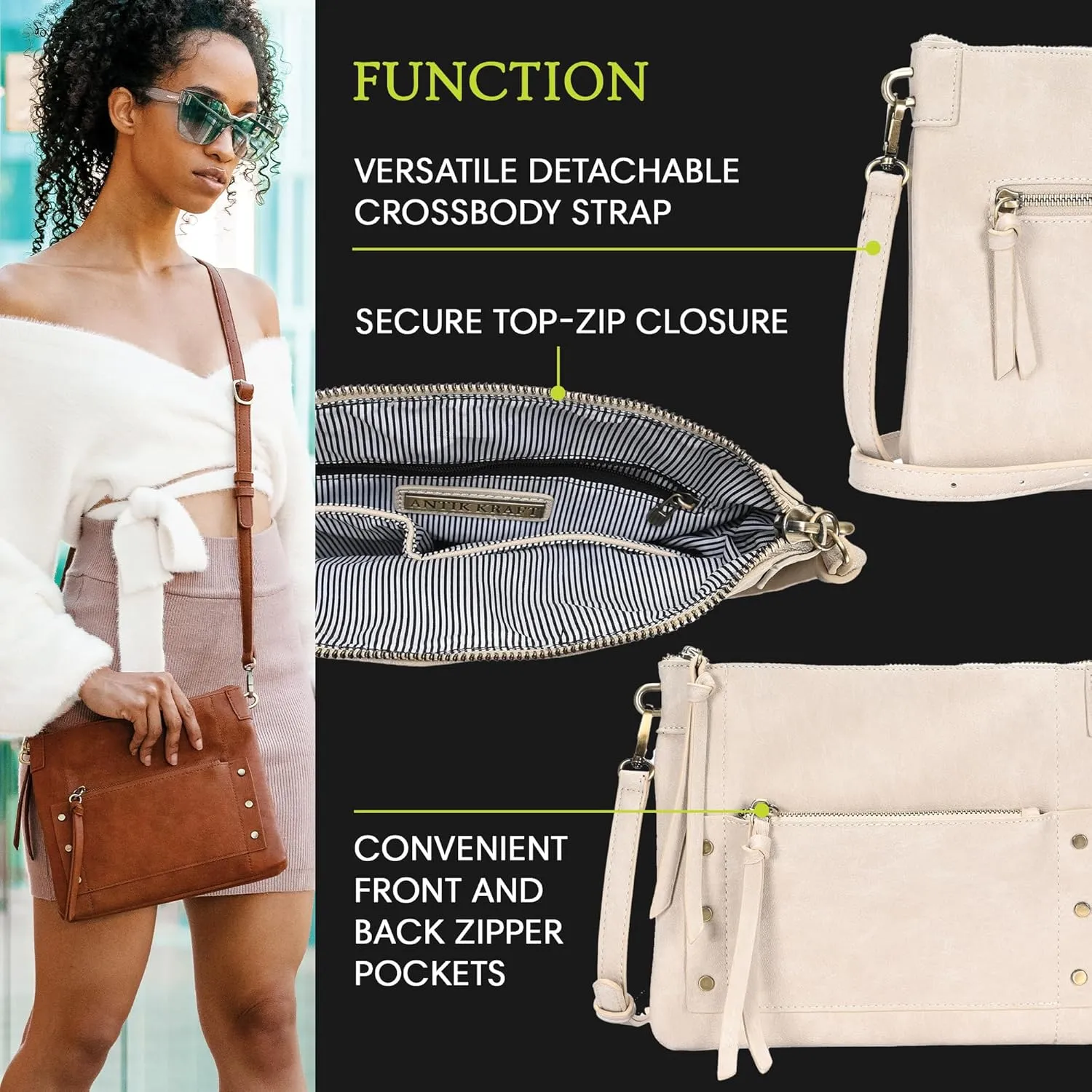 The Savannah Crossbody Shoulder Bag | Vegan leather Shoulder Bag with removable crossbody strap |11"x 1.5"x8.5"|