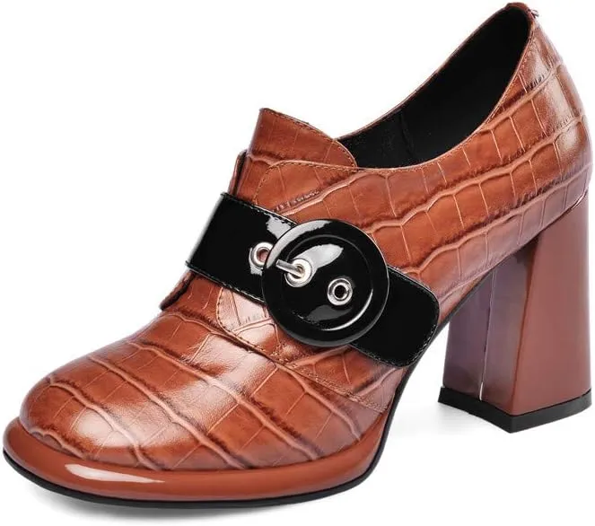 TinaCus Women's Handmade Genuine Leather Round Toe Buckled Trendy Platform High Chunky Heel Slip On Pumps