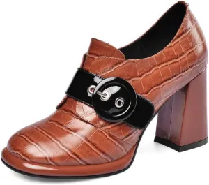 TinaCus Women's Handmade Genuine Leather Round Toe Buckled Trendy Platform High Chunky Heel Slip On Pumps