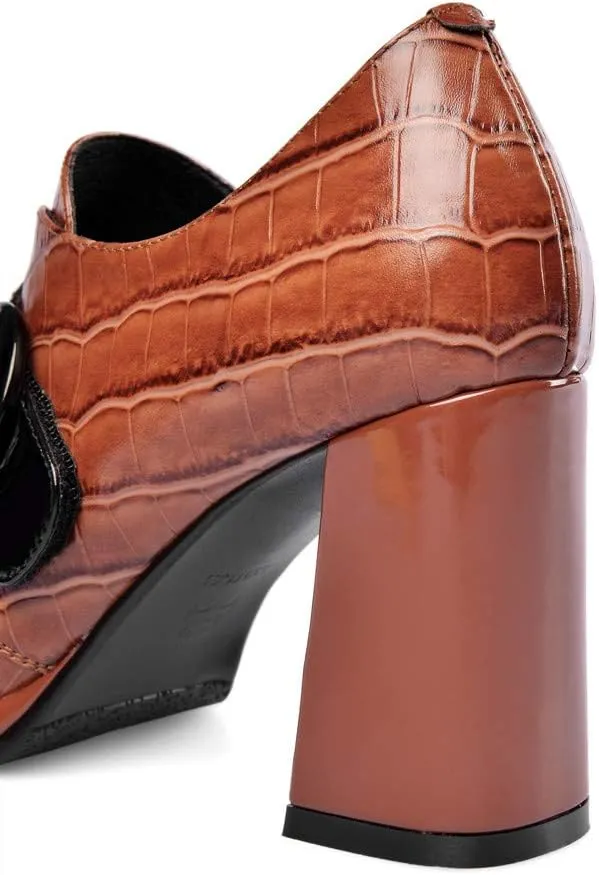 TinaCus Women's Handmade Genuine Leather Round Toe Buckled Trendy Platform High Chunky Heel Slip On Pumps