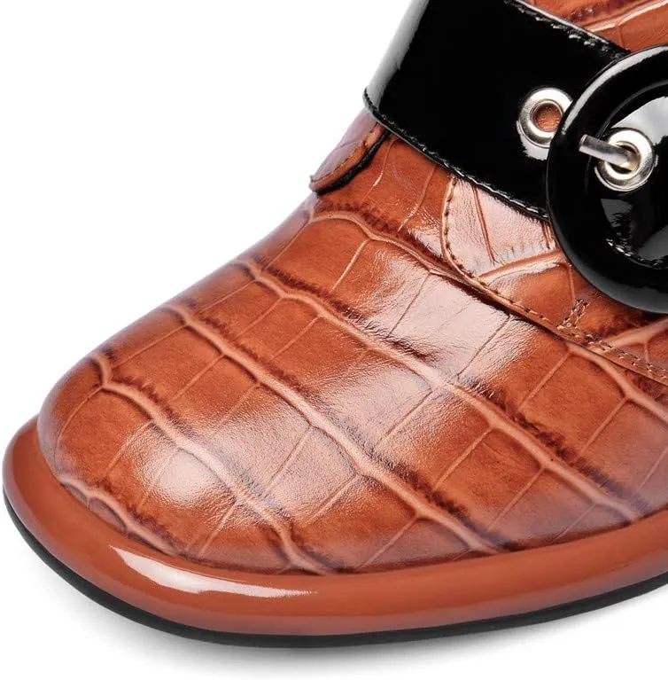 TinaCus Women's Handmade Genuine Leather Round Toe Buckled Trendy Platform High Chunky Heel Slip On Pumps